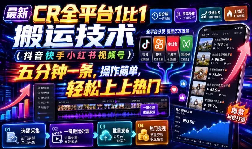 最新CR全平台1比1搬运技术(抖音快手小红书视频号)五分钟分钟一条,操作简单,轻松上热门(教程+软件+参数)-汇联技术