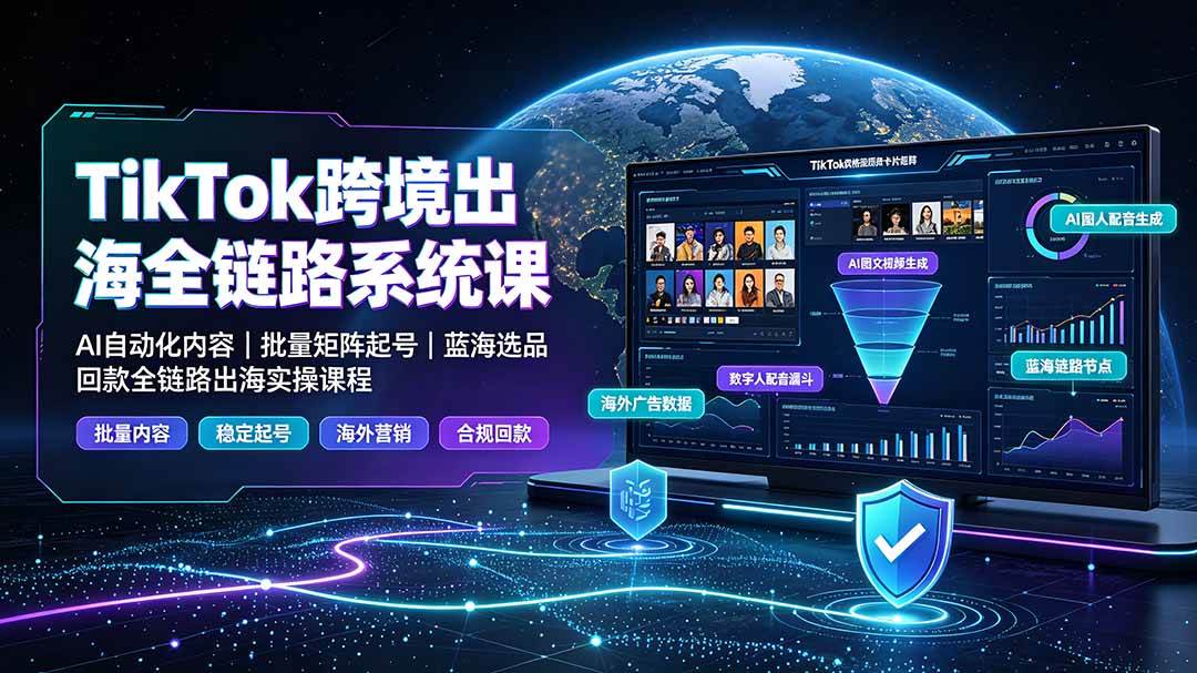 (19425期)TikTok跨境出海全链路系统课-2026年7月:AI自动化内容|批量矩阵起号|蓝海选品回款全链路出海实操课程-汇联技术