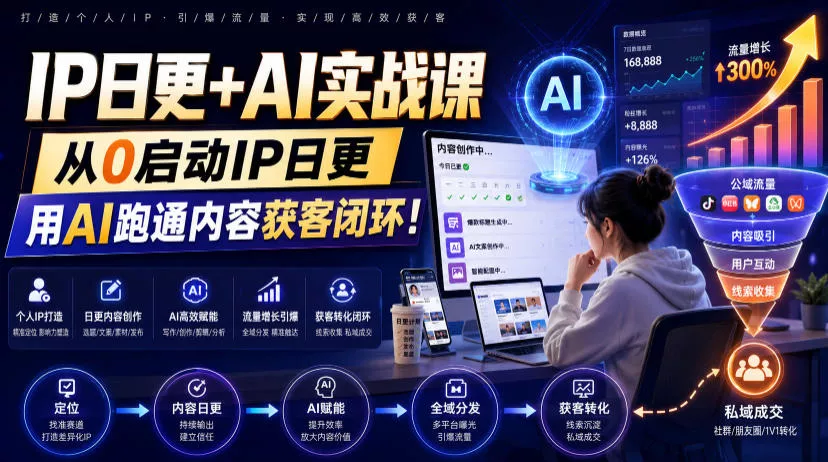 IP日更+AI实战课,从0启动IP日更,IP置顶视频制作+100条选题库搭建+10条日更规划,用AI跑通内容获客闭环!-汇联技术