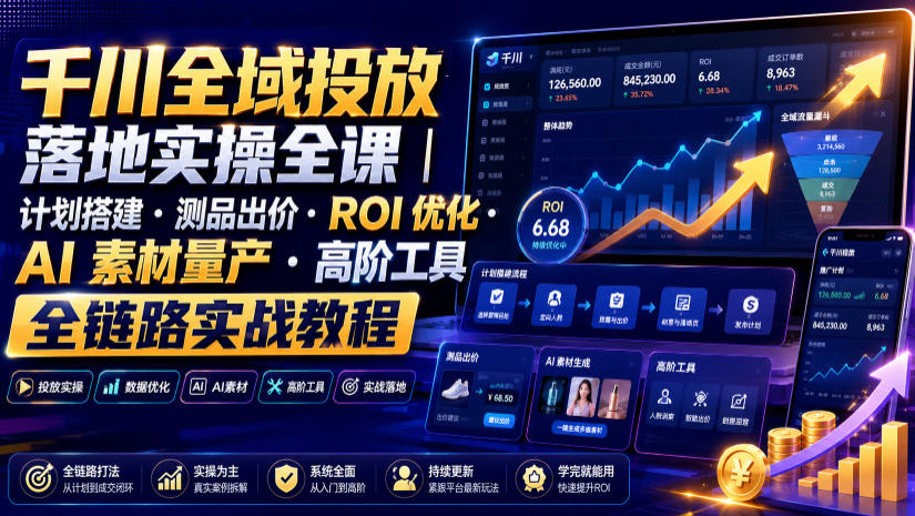 千川全域投放落地实操全课|计划搭建・测品出价・ROI优化・AI素材量产・高阶工具全链路实战教程-汇联技术