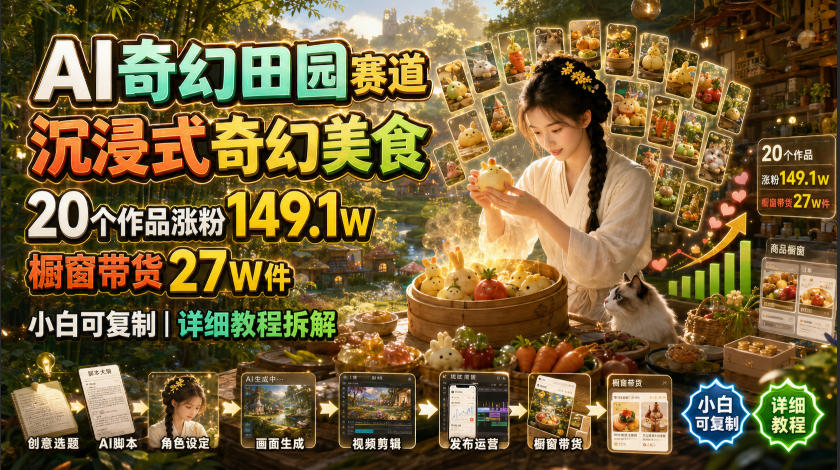 AI奇幻田园赛道,沉浸式奇幻美食,20个作品涨粉149.1W,橱窗带货27W件,小白可复制,详细教程拆解-汇联技术
