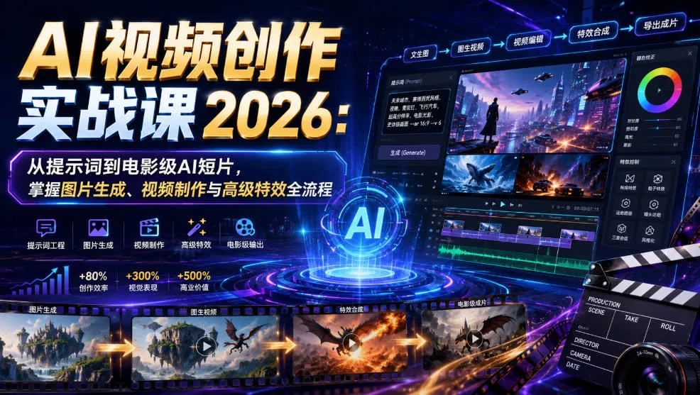 AI视频创作实战课2026:从提示词到电影级AI短片,掌握图片生成、视频制作与高级特效全流程-汇联技术