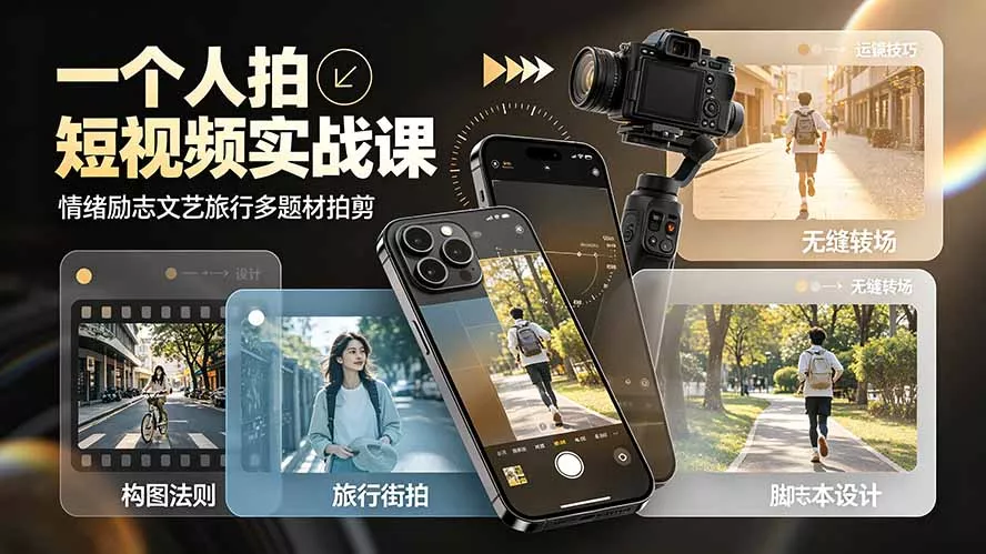 一个人拍短视频实战课:情绪励志文艺旅行多题材×五大景别×黄金构图×八大运镜,从拍摄到成片高效创作-汇联技术