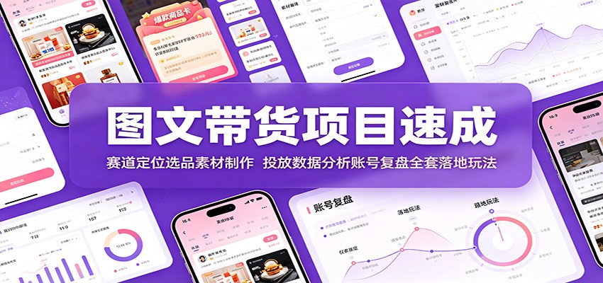 图文带货项目速成:赛道定位选品素材制作,投放数据分析账号复盘全套落地玩法-汇联技术