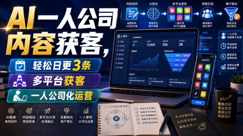 AI一人公司内容获客,轻松日更3条,多平台获客,一人公司化运营(更新)-汇联技术