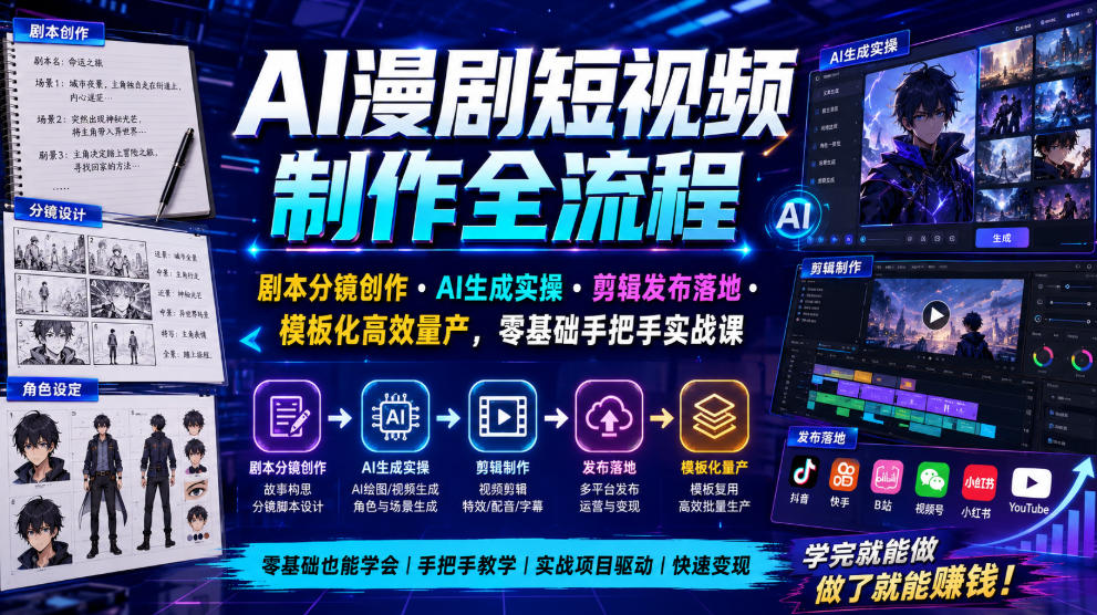 AI漫剧短视频制作全流程|剧本分镜创作・AI生成实操・剪辑发布落地・模板化高效量产,零基础手把手实战课-汇联技术