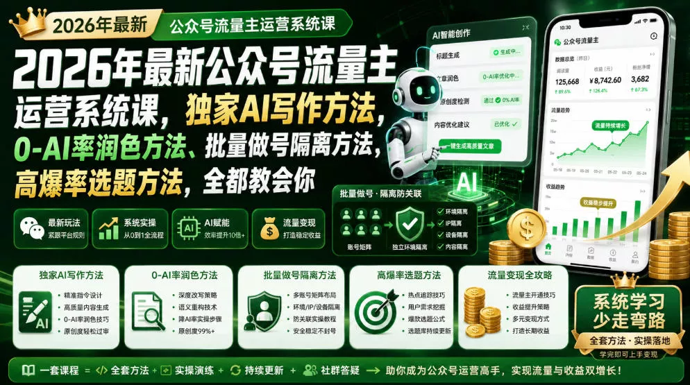 2026年最新公众号流量主运营系统课,独家AI写作方法,0-AI率润色方法、批量做号隔离方法、高爆率选题方法,全都教会你-汇联技术