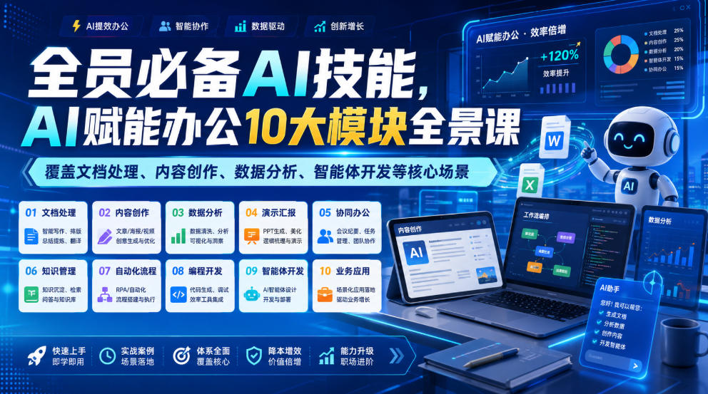 全员必备AI技能,AI赋能办公10大模块全景课,覆盖文档处理、内容创作、数据分析、智能体开发等核心场景-汇联技术