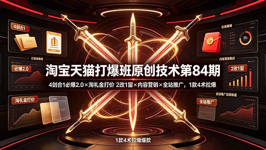 淘宝天猫打爆班原创技术第84期:4剑合1必爆2.0×淘礼金打价×2改1留×内容营销×全站推广,1款4术拉爆-汇联技术