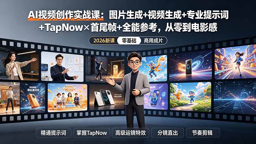 (19383期)AI视频创作实战课:图片生成+视频生成+专业提示词+TapNow×首尾帧+全能参考,从零到电影感成片-汇联技术