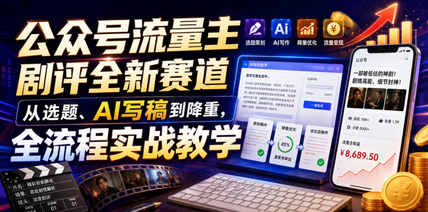 公众号流量主剧评全新赛道,从选题、AI写稿到降重,全流程实战教学-汇联技术
