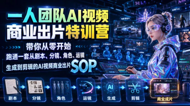 一人团队AI视频商业出片实战课：带你从零开始跑通一套从剧本、分镜、角色、运镜、生成到剪辑的AI视频商业出片SOP-汇联技术