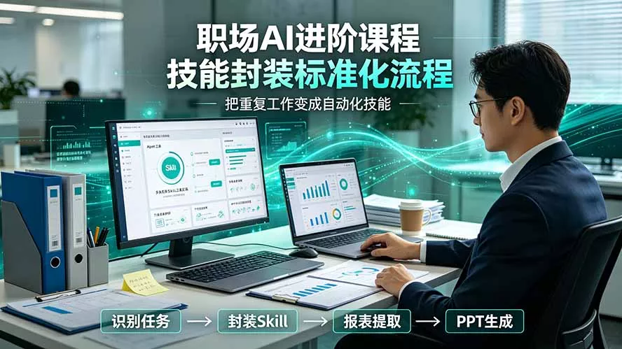 职场AI进阶课程;多类实用Skill工具实操,专属技能封装标准化流程,报表行业报告一键提取核心内容-汇联技术