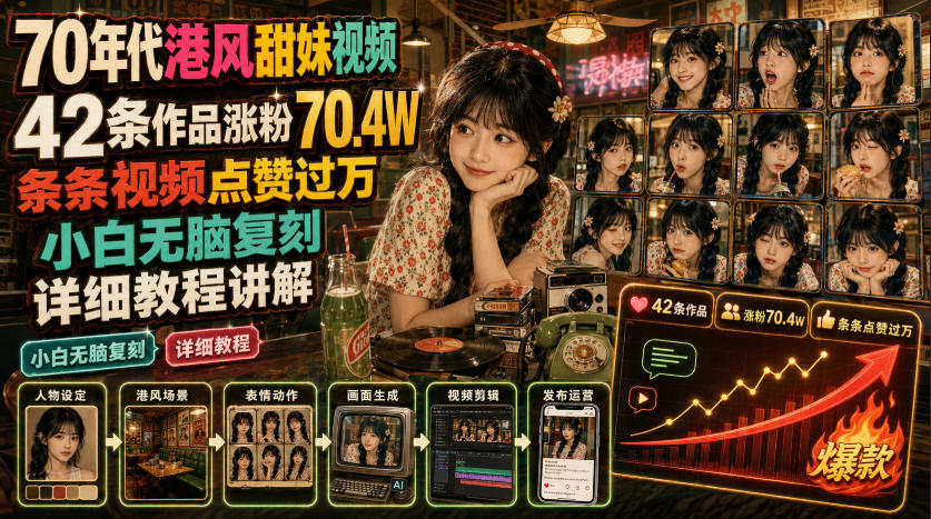 70年代港风甜妹视频,42条作品涨粉70.4W,条条视频点赞过万,小白无脑复刻,详细教程讲解-汇联技术
