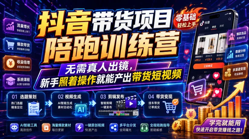 抖音带货项目陪跑训练营,无需真人出镜,新手照着操作就能产出带货短视频-汇联技术