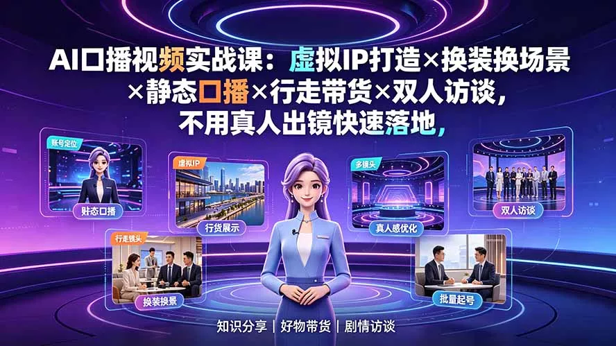 AI口播视频实战课:虚拟IP打造×换装换场景×静态口播×行走带货×双人访谈,不用真人出镜快速落地-汇联技术