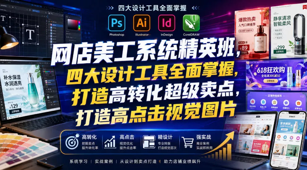 网店美工系统精英班,四大设计工具全面掌握,打造高转化超级卖点,打造高点击视觉图片(2026年7月)-汇联技术