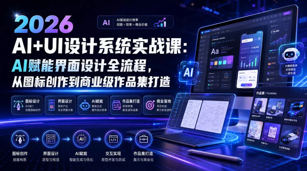 2026 AI+UI设计系统实战课:AI赋能界面设计全流程,从图标创作到商业级作品集打造-汇联技术