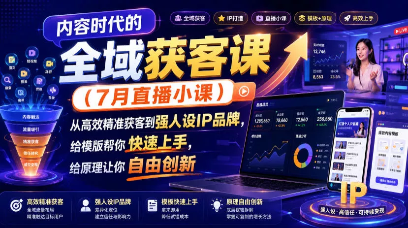 内容时代的全域获客课(7月直播小课),从高效精准获客到强人设IP品牌,给模版帮你快速上手,给原理让你自由创新-汇联技术